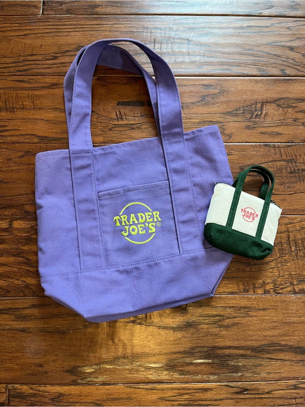 Trader Joe's Mini Purple Canvas Tote with Micro Cream & Green Bag